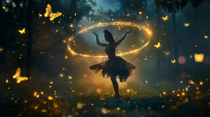 Dancer in a dark forest with a glowing hoop, surrounded by golden butterflies.