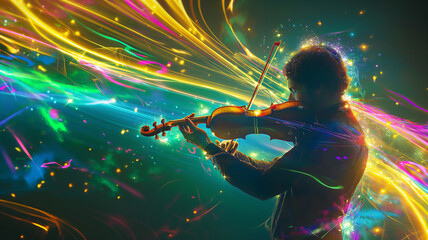 Violinist immersed in vibrant light streams creating a dynamic aura.