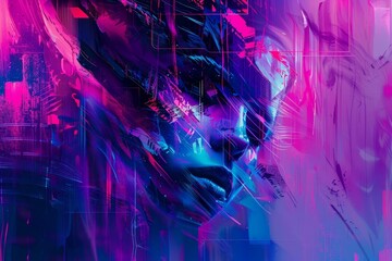 Colorful Abstract Background with Interlaced Distortion Effect, Futuristic Glitch Art in Neon Cyberpunk Style, Digital Illustration