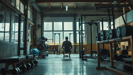 Person squatting in a gym facing the window, morning light coming in. - obrazy, fototapety, plakaty