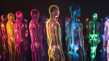 Row of transparent, illuminated human figures in various colors.