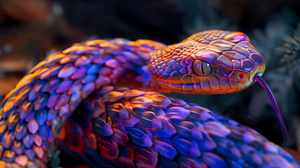 Colorful snake with iridescent scales and piercing eyes.
