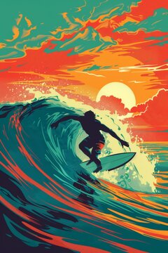 A pop art interpretation of a surfer riding a turquoise wave, with exaggerated lines, simplified details, and a vibrant sunset