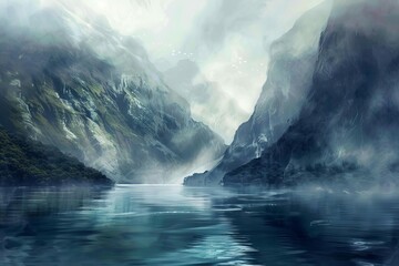 Majestic Fjord Landscape with Steep Cliffs and Misty River, Fantasy Foggy Scenery Inspired by Doubtful Sound, New Zealand, Digital Painting - obrazy, fototapety, plakaty