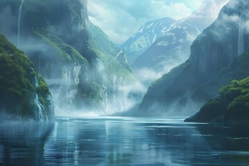 Majestic Fjord Landscape with Steep Cliffs and Misty River, Fantasy Foggy Scenery Inspired by Doubtful Sound, New Zealand, Digital Painting