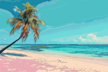 Fototapeta na wymiar A pop art rendition of a classic beach scene: pristine white sand, crystal-clear turquoise water, and a single palm tree