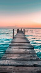 A weathered wooden pier extending into turquoise waters, disappearing into the hazy sunset