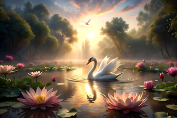 sunlit water with a graceful swan and lotus flowers creating a peaceful atmosphere generative Ai - obrazy, fototapety, plakaty