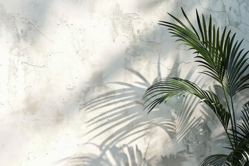 Fototapeta na wymiar Shadow of Palm Leaves on White Concrete Wall, Natural Light and Shadow Play, Tropical Minimalist Background, Digital Photo