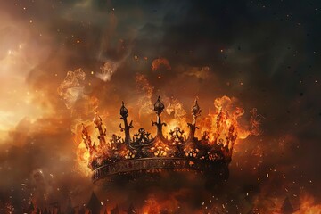 Medieval King's Crown Engulfed in Fire and Smoke, Concept of Power and Destruction, Digital Painting - obrazy, fototapety, plakaty