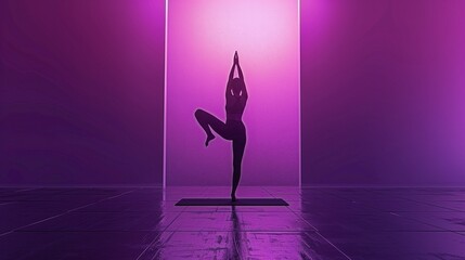  A woman doing a yoga pose. Silhoutte on a door way with shaded purple lighting