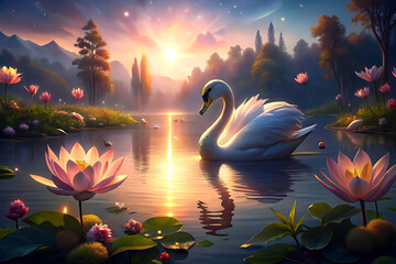Swan gracefully swimming in pond with pink lilies generative Ai