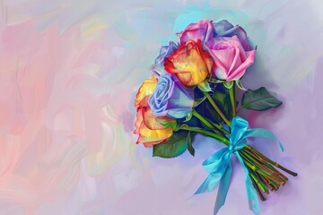 Vibrant rainbow rose bouquet tied with elegant blue ribbon on lilac background, digital painting