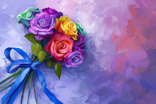 Vibrant rainbow rose bouquet tied with elegant blue ribbon on lilac background, digital painting