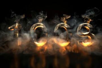 3D metallic numbers 0 to 9 emerging from black background with smoke and mist effects, abstract illustration