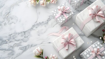 Delightful Assembly of Pastel Polka Dotted Gift Boxes on Elegant Marble Background with Floral Accents in Rococo Style Generative ai