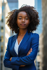 business book cover design, portrait of african american business woman wearing a blue suit, upper body, front view cityscape background 