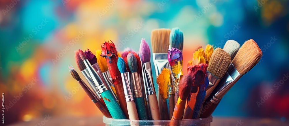 Poster assorted brushes are stored in a cup against a vibrant and colorful background, creating a visually 