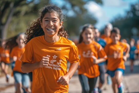 Generations of a family running together in matching shirts