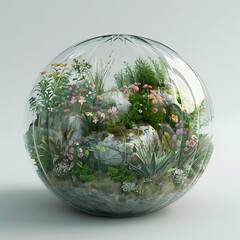 Thriving Microcosm of Life Recycled Plastic Bottle Terrarium Encased in a Transparent Glass Dome Showcasing a Vibrant Ecosystem of Plants and Small Generative ai