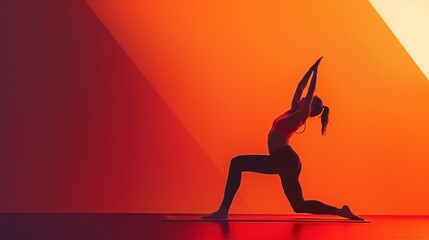 Silhoutte of a woman doing a yoga pose on orange shaded background