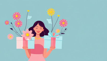 joyful woman and happy feeling, holding giftbox.