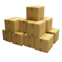 Minimal stylized simple beige cardboard boxes with brown tape. Stacked pile of boxes of sealed goods personal stuff home supplies ready for relocation. Moving day. 3d render isolated transparent.