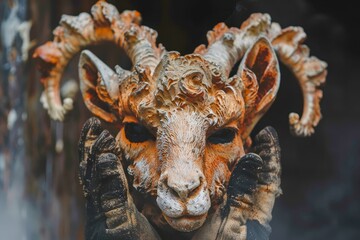 Fototapeta premium Intricately Carved Ram Sculpture with Detailed Horns and Weathered Texture Displayed Against Soft Focus Background
