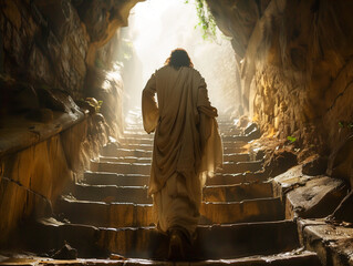 Jesus climbing stairs - obrazy, fototapety, plakaty