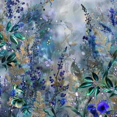 Fototapeta na wymiar Magical garden in different gemstones, each with dewdrops of pure diamond, all shimmering against a soft, metallic silver mist created with Generative AI Technology