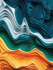 Abstract wavy layers in blue and orange - A digital art representation showcasing layered wave patterns in a harmonious blend of blues and oranges that evoke a sense of fluidity