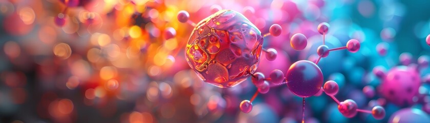 A microscopic view of an atom, rendered in vibrant colors to reflect its energy, set against the backdrop of a modernist structure.