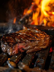 Medium rare steak with grill marks - A perfectly medium rare steak with charred grill marks over a hot grill, smoke rising