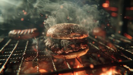 Juicy burger on a smoky grill close-up - A scrumptious burger sizzling on a grill with smoke rising, signifying delicious grilled food - obrazy, fototapety, plakaty