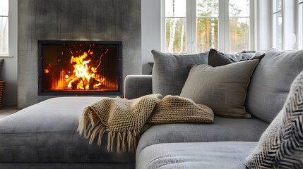 Performance in a Serene Living Room Modern Scandinavian Design with a Cozy Fireplace Corner and Soft Sofa Generative ai