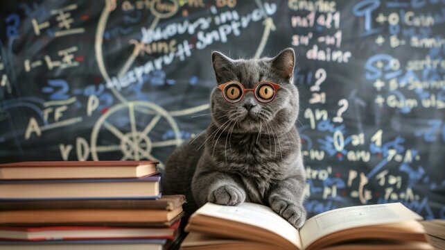 Smart cat with glasses on books - A studious grey cat with glasses sitting on a pile of books in front of a chalkboard filled with mathematical formulas