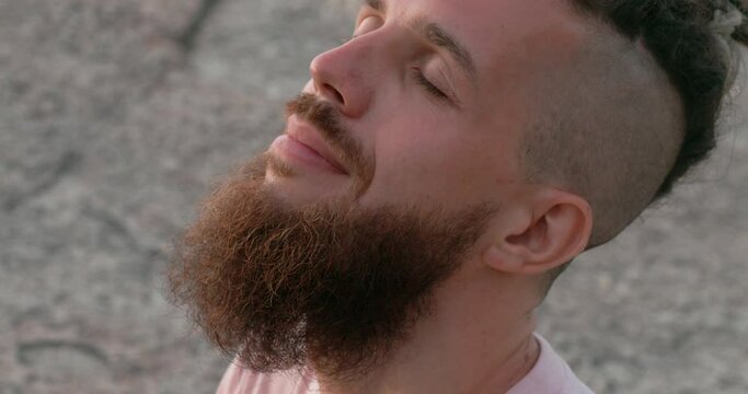 Man's head close up meditation serene beach Tranquility in seeking inspiration Tranquility fosters confidence and calm. Tranquility foundation for well-being Stillness brings inner strength.