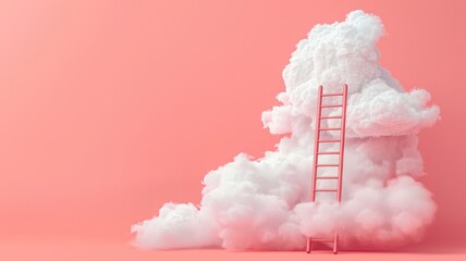 Fluffy cloud formation with a red ladder - A visually striking image showing a surreal scene of a cloud formation that resembles a mountain with a red ladder