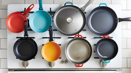 Premium Nonstick Cookware Collection on Modern Stovetop Vibrant Hues and Arrangement Generative ai