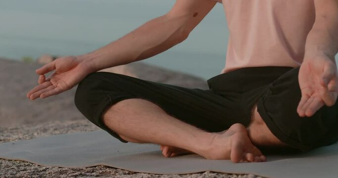 Front view person fingers mudra gesture beach embodying calm. Mudra gesture of tranquility and self-discovery Mudra pose part of healthy living Yoga practice reflecting summer's natural serenity.