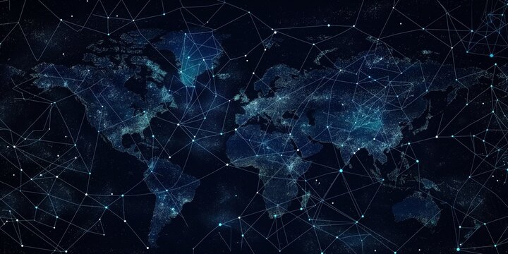 Abstract image of a world map in the form of a starry sky or space, consisting of points, lines, and shapes in the form of planets, stars and the universe. World vector wireframe concept.