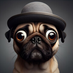 Closeup Portrait of a Funny Frightened Worried Pug Dog Breed Wearing a Hat with a Scared Surprised Look with Large Round Head & Sparkling Eyes Bulging Oh Shoot! Criminal Robber Confused Communication