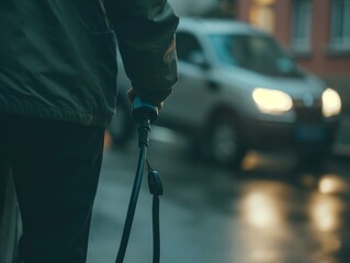 man holding power supply cable at electric vehicle charging station, closeup - obrazy, fototapety, plakaty