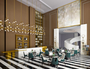3d render of luxury hotel entrance lobby reception