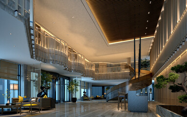 3d render of luxury hotel entrance lobby reception