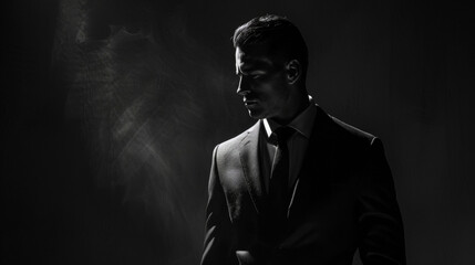 In this captivating portrait a mysterious man stands in the shadows his features only partially revealed by the dim light. His stylish suit and carefully styled hair exude a sense . - obrazy, fototapety, plakaty
