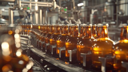 Amber beer bottles on the production line - Amber-colored glass beer bottles moving through the production line, showcasing the bottling process in a detailed industrial setting