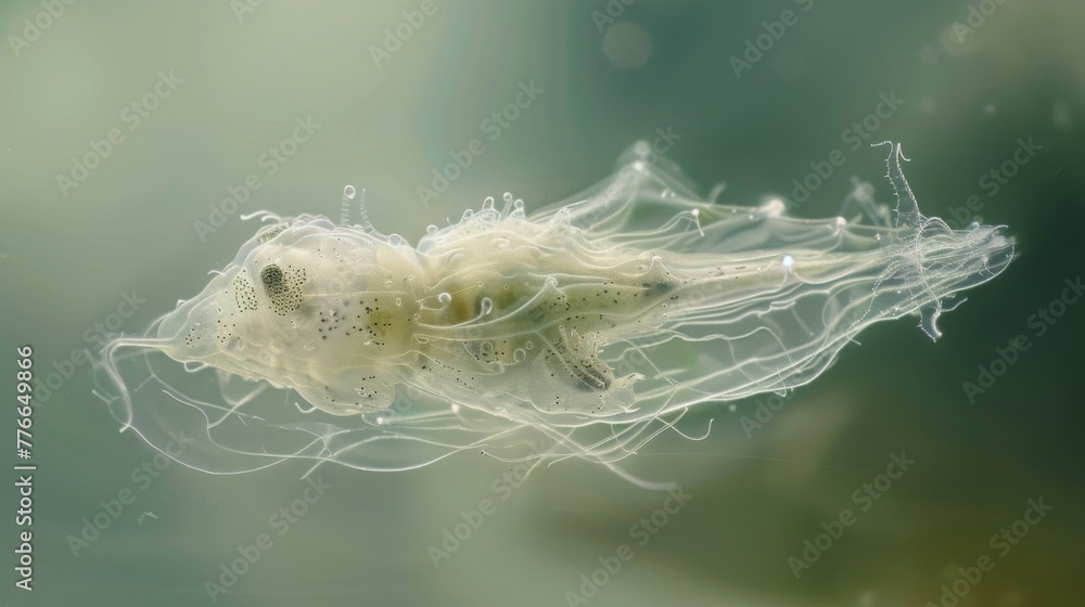 Poster an ethereal image of a translucent larva with a delicate weblike structure surrounding its body. the