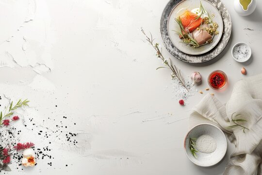 Flat lay of salmon plate and ingredients - Artistic flat lay of a salmon dish surrounded by scattered ingredients and cooking elements, symbolizing culinary creativity on a clean backdrop