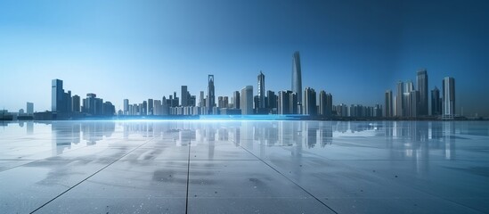 Reflective City Serenity: Urban Skyline and Its Mirror Image Over an Empty Square Front of Modern Architecture